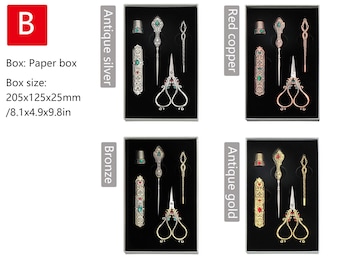 5点ビクトリア朝の裁縫道具セット、はさみ、指ぬき、ヴィンテージ針