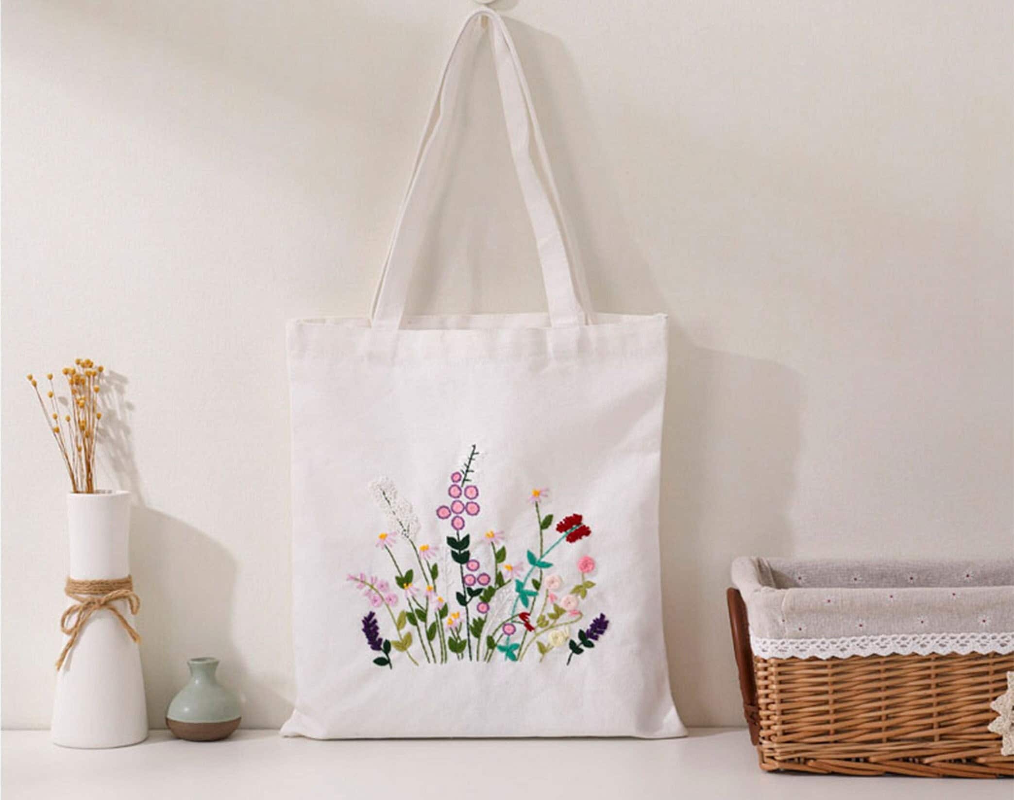Wildflower Embroidery Canvas Bag Kit for Beginners, Flowers Floral