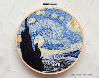 Embroidery Landscape Kit, The Starry Night Of Van Gogh, Hand Embroidered Painting Art, DIY Handcraft Kit for Adults, DIY Gift-8 Inch