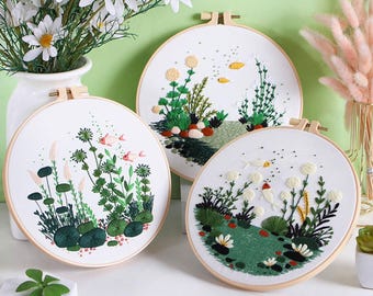 Kit de bordado de verano para principiantes, diseño de plantas acuáticas verdes y peces pequeños, encantador paisaje de pecera, mundo submarino, 8 pulgadas