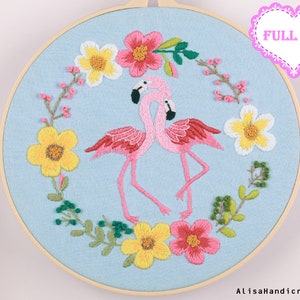 Pink Flamingo Starter Embroidery Kit, Preprinted Birds and Flowers Embroidery Kit for Beginners, with Pattern and English Instructions-8in image 2