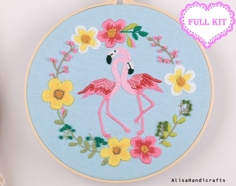 Pink Flamingo Starter Embroidery Kit, Preprinted Birds and Flowers Embroidery Kit for Beginners, with Pattern and English Instructions-8in image 2