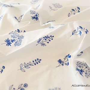 White Cotton Fabric Embroidered with Blue Flowers, Summer Clothing Fabrics, Vintage White Background Blue Floral Cloth -Width 140cm/55‘’