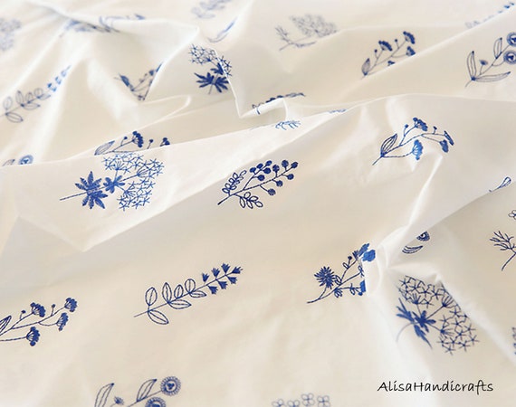White Cotton Fabric Embroidered With Blue Flowers Summer Clothing