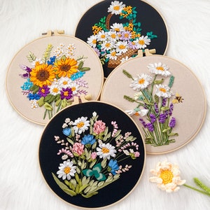 Sunflower Daisy Ribbon Embroidery Kit, Autumn Flowers Hand Embroidery Design for Beginners, Ribbon Floral Crafts Kit with Video Tutorial-8in