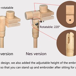 May include: Two wooden embroidery stands, one with a non-rotatable top and one with a rotatable top. The rotatable top can be adjusted to 220 degrees. The stands are made of natural wood and have a simple design. The text "Non-rotatable" and "Rotatable: 220&deg;" is visible in the image.