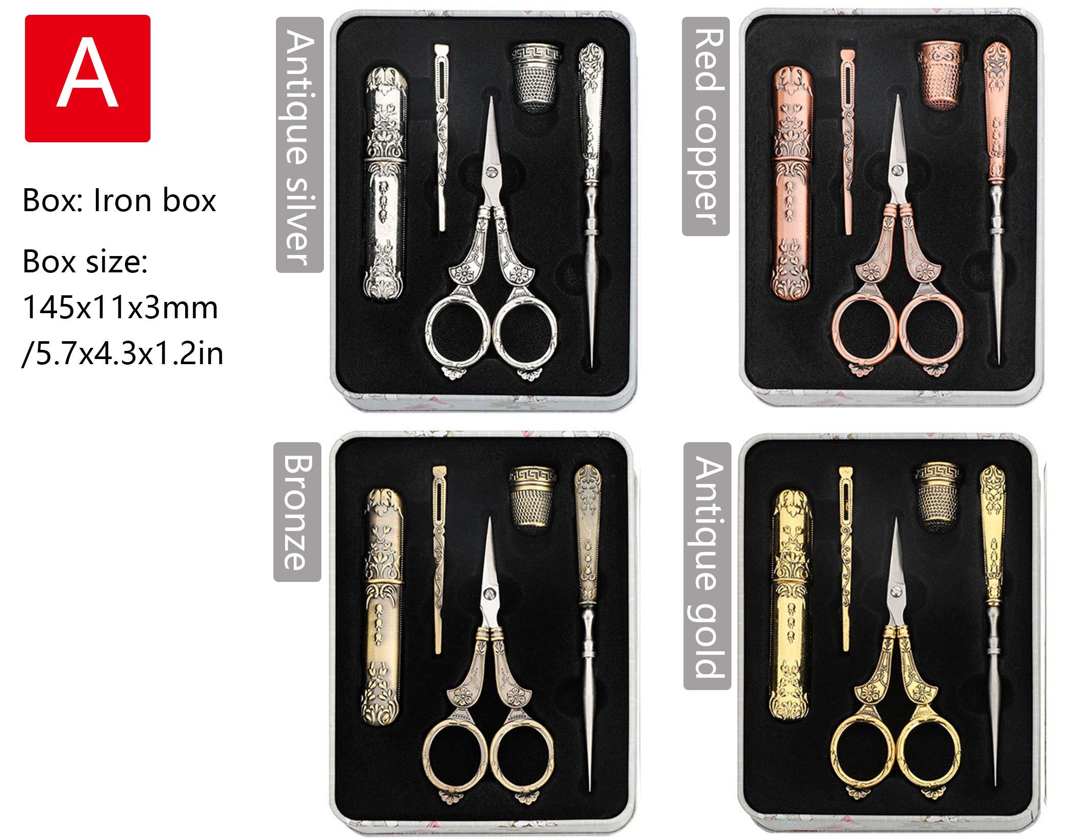 5点ビクトリア朝の裁縫道具セット、はさみ、指ぬき、ヴィンテージ針