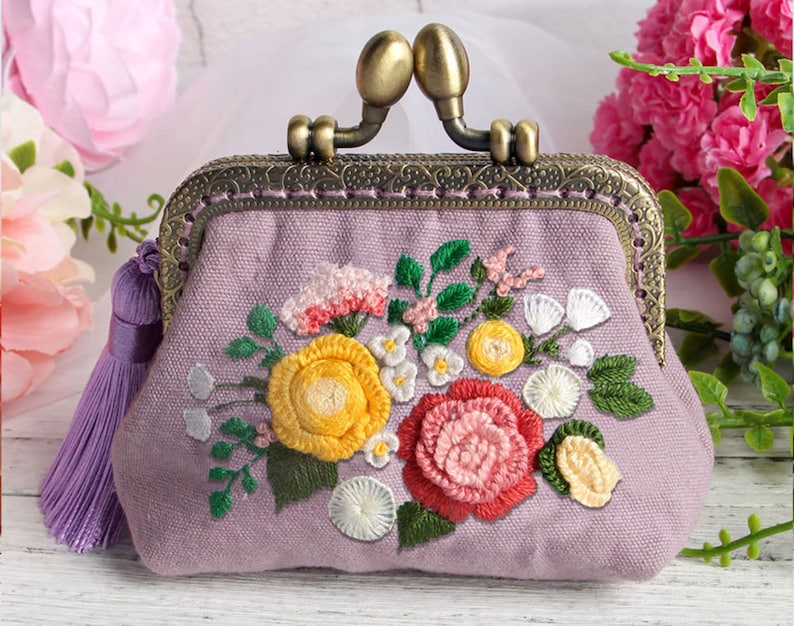 Embroidery Kiss Lock Bag Kit Hand Embroidery Flower Kit - Etsy