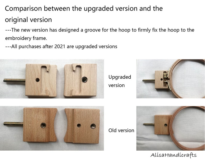 May include: Comparison of two versions of a wooden embroidery hoop stand. The upgraded version has a groove to firmly fix the hoop to the embroidery frame. The older version does not have this feature. The text in the image reads: "Comparison between the upgraded version and the original version ---The new version has designed a groove for the hoop to firmly fix the hoop to the embroidery frame. ---All purchases after 2021 are upgraded versions Upgraded version Old version Alisa Handicrafts"