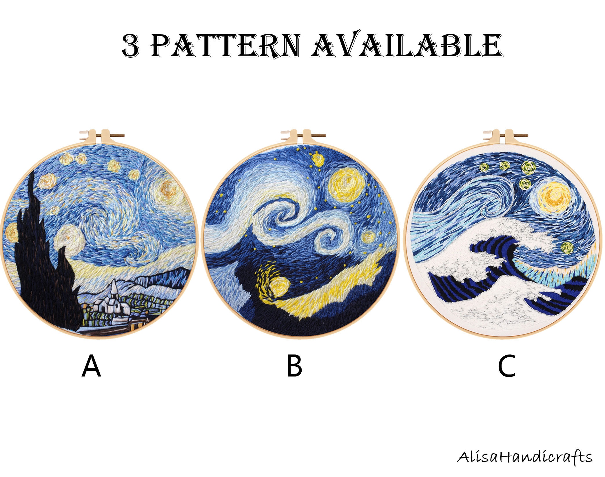 刺繍風景キット、DIY刺繍アート、大人の手芸キット、星月夜と神奈川の