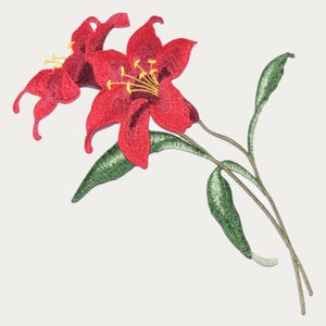 Pode incluir: Patch bordado de flor de lírio vermelho com folhas e caules verdes.