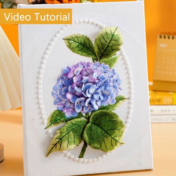 3D Handstickerei Blumen Kit, Rose/Hortensie/Stiefmütterchen/Tulpe Blumen Handstickerei Hoop Art, Stich Wanddekoration + Video-Anleitung