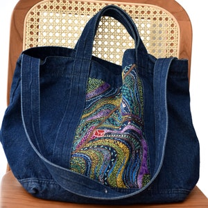 Blaue Handstickerei Tragetasche Kit-Retro Denim Schultertasche mit großer Kapazität Landschafts Stickerei Muster, DIY Anfänger Stickerei Tasche / Geschenk