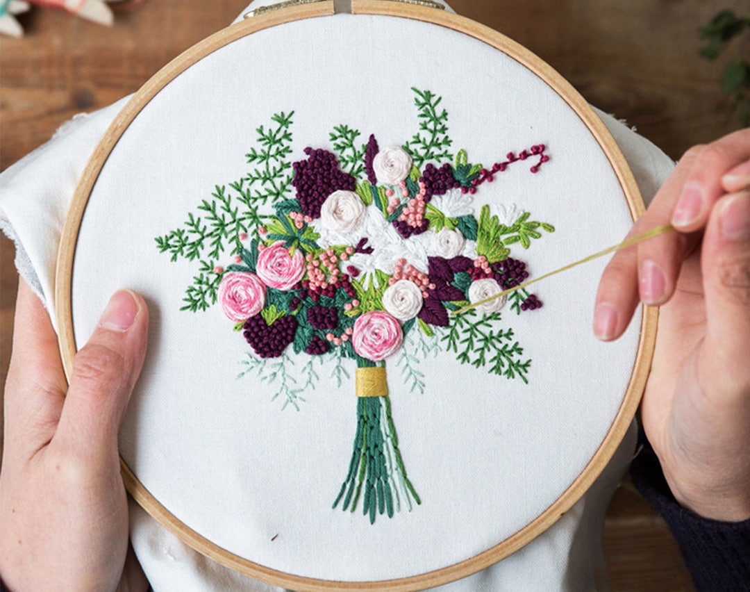 初心者向け刺繍ブーケキット、3Dモダンハンド刺繍フラワーローズ、DIY