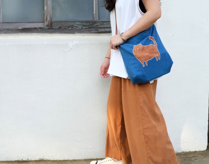 Summer Orange Kitten Patchwork Embroidered Shoulder bag, Hand Dyed Blue Crossbody Bag for Women, Lightweight Casual Cloth Tote Bag image 5