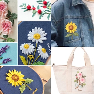 花の刺繍枠キットと衣類への刺繍、手刺繍のバラ、ラベンダー、ひまわり、DIY衣類刺繍パターン、キット簡単-5インチ