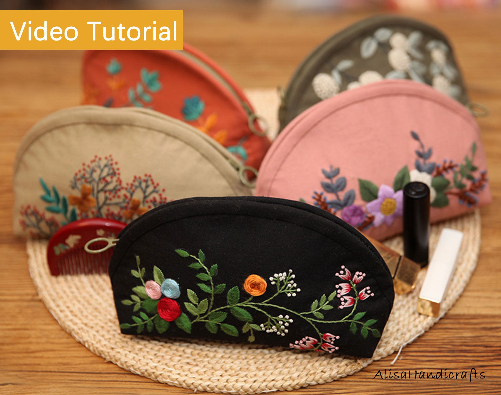 Hand Embroidery Cosmetic Bag Kit, Starter Sewing Makeup Bag With  display picture 1