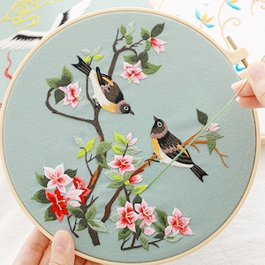 Beginner Chinese Style Hand Embroidery Kit, Flower and Birds Embroidery Pattern, Starter Embroidery Kit, DIY Home Decor-8in