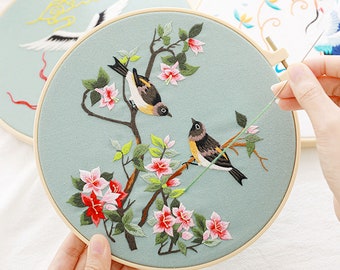 Beginner Chinese Style Hand Embroidery Kit, Flower and Birds Embroidery Pattern, Starter Embroidery Kit, DIY Home Decor-8in