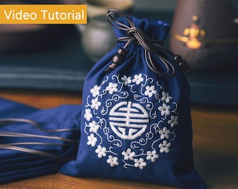 Blue Embroidery Bag Kit for Beginner/Chinese Auspicious Pattern White Thread Flower Embroidery Kit/Sewing Needlework Kit/DIY Adult Craft Kit