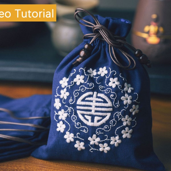 Blue Embroidery Bag Kit for Beginner/Chinese Auspicious Pattern White Thread Flower Embroidery Kit/Sewing Needlework Kit/DIY Adult Craft Kit