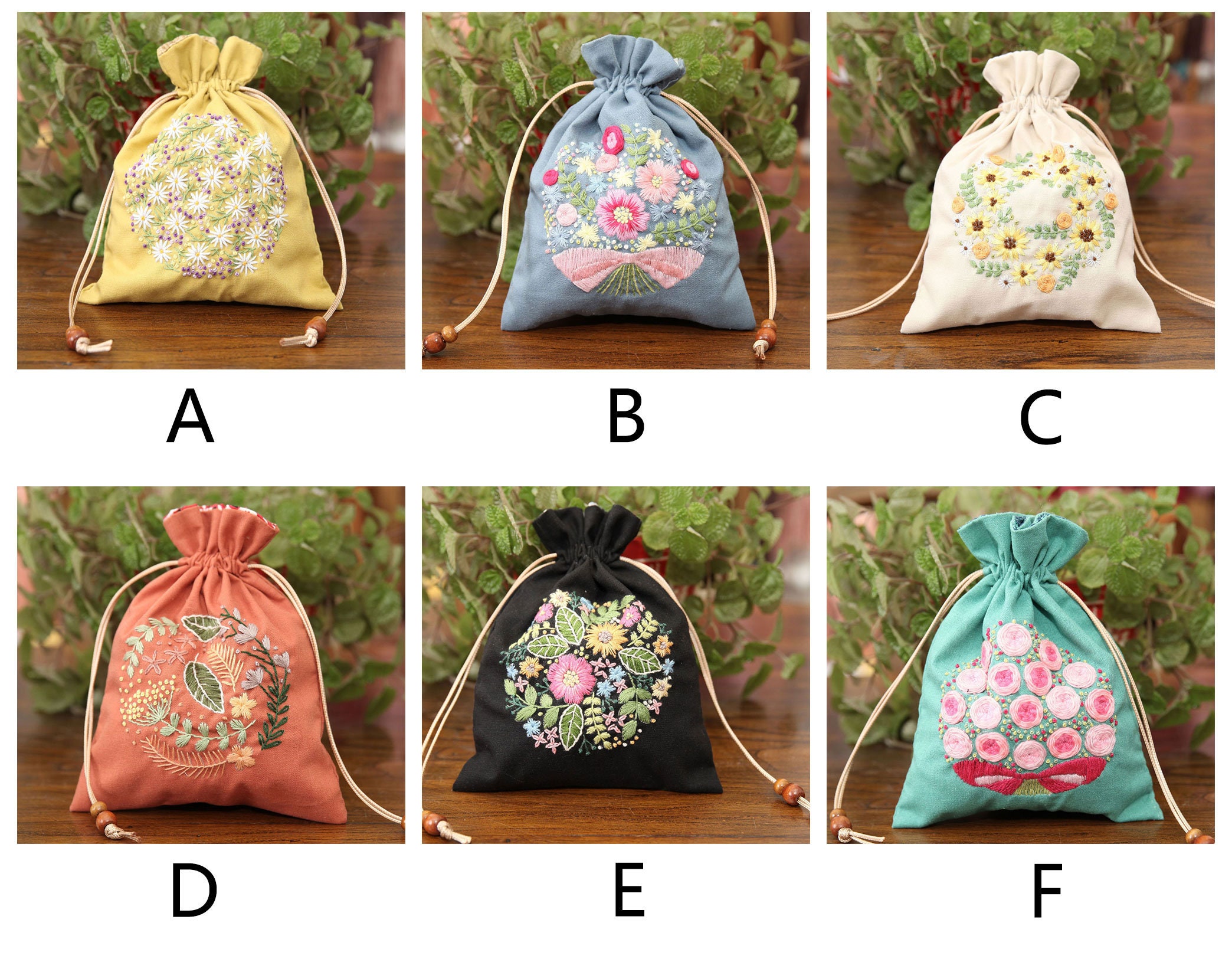 Flower Embroidery Bag Kit for Beginner/floral Drawstring Bag