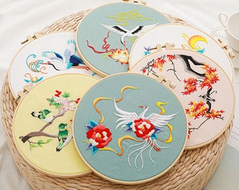 Crane and Flower Embroidery Kit, Hand Embroidery Patterns for Beginners,leisure Diy, Embroidery Hoop Kit with English Instructions-8in