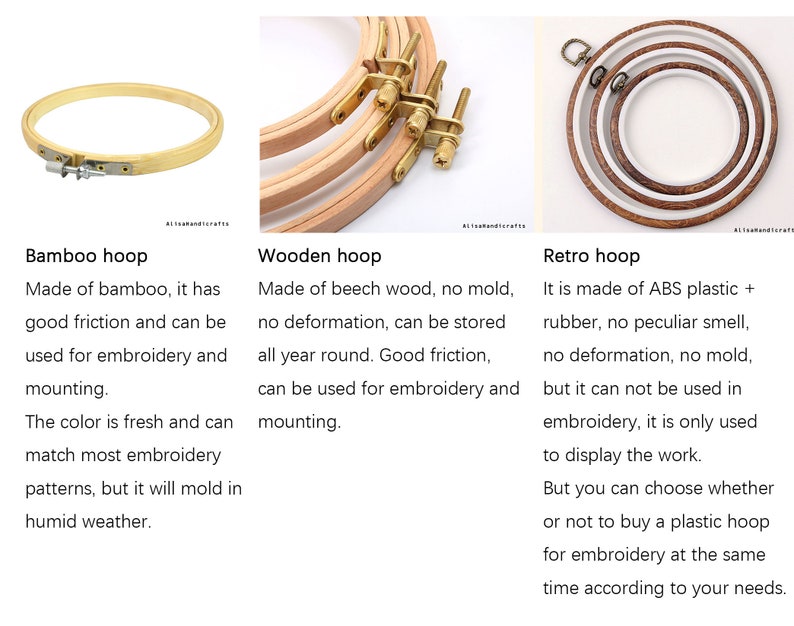 May include: Three embroidery hoops, one made of bamboo, one made of wood, and one made of plastic. The bamboo hoop is natural in color, the wooden hoop is light brown, and the plastic hoop is white with a brown wood-grain pattern.