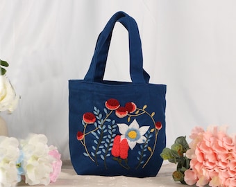 8 Patterns Flower Hand Embroidery Bag Kit,Portable Small Canvas Lunch Tote Bag,Bento Bag Needlepoint Kit for Beginner,DIY Adult Craft Kit