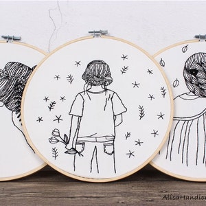 Anfänger Stickerei Kit, Handstickerei Mädchen Linie Kunst, Haar Stickerei Kit, moderne Stickerei Art Kit, DIY Bastelset für Erwachsene-8 in