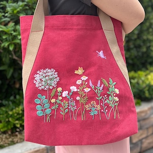 Blumen Tote Bag Stickerei Kit, Canvas Schultertasche Stickerei Kit für Anfänger, Floral Canvas Tote Bag Kit, DIY Weekender Tasche,Einkaufstasche