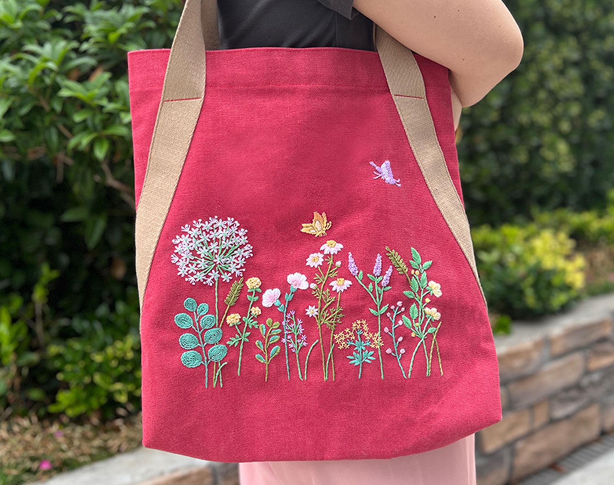 花柄トートバッグ刺繍キット、初心者向けキャンバスショルダーバッグ