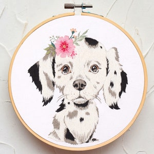 Dalmatian Dog Hand Embroidery Kit, Diy Needlepoint Dalmatian Ornament Kit, Black and White Dog Embroidery Hoop Art, Gift for Dog Owners-8in image 1