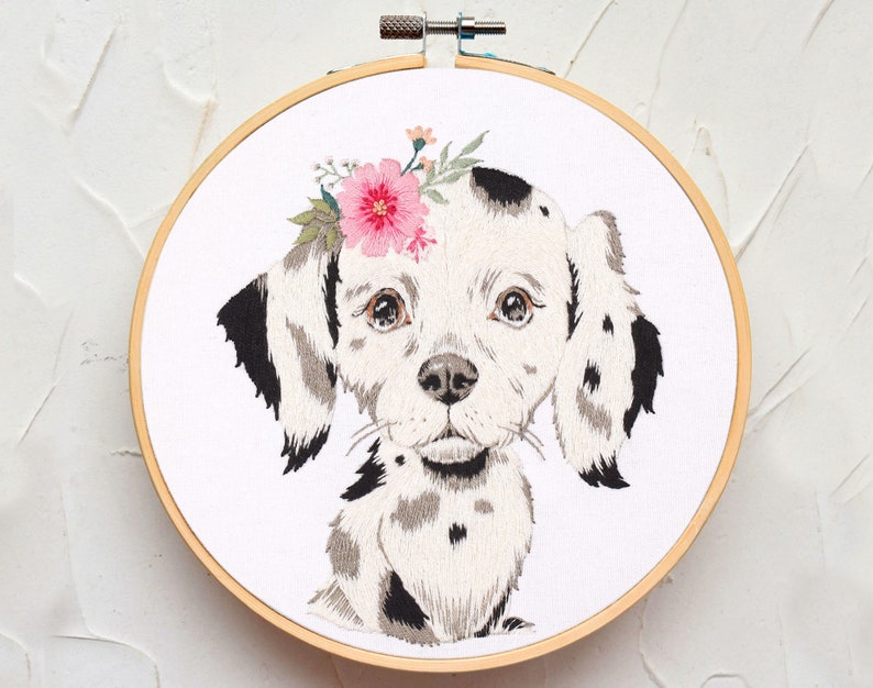 Dalmatian Dog Hand Embroidery Kit, Diy Needlepoint Dalmatian Ornament Kit, Black and White Dog Embroidery Hoop Art, Gift for Dog Owners-8in image 1
