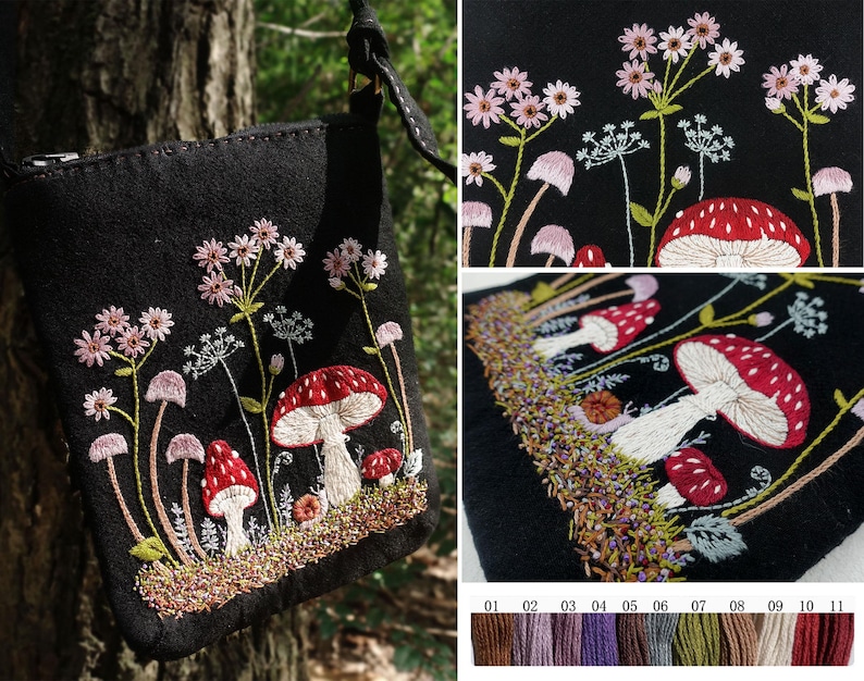 May include: A black crossbody bag featuring detailed embroidery of red and white mushrooms, pink wildflowers, and green stems. The design includes a small snail near the base. A color palette of eleven embroidery thread shades is displayed below.