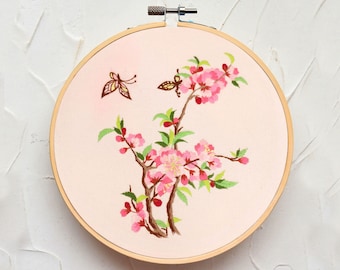 Beginner Embroidery Kit, Flower and Butterflies Embroidery Pattern, Spring, Suzhou Style, DIY Floral Hand Embroidery-8in