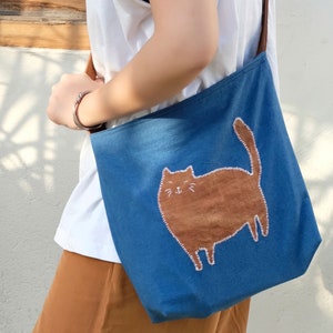 Sommer Orange Kätzchen Patchwork gestickte Umhängetasche, handgefärbte blaue Umhängetasche für Frauen, leichte, lässige Stoff-Einkaufstasche