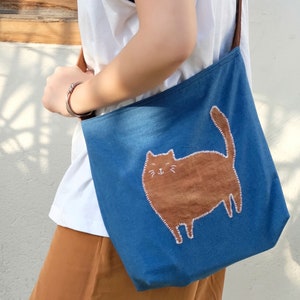 Summer Orange Kitten Patchwork Embroidered Shoulder bag, Hand Dyed Blue Crossbody Bag for Women, Lightweight Casual Cloth Tote Bag image 1