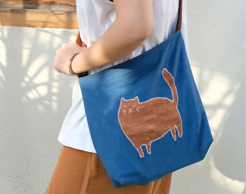 Summer Orange Kitten Patchwork Embroidered Shoulder bag, Hand Dyed Blue Crossbody Bag for Women, Lightweight Casual Cloth Tote Bag image 1