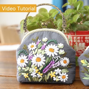 Blumen Band Stickerei Kit, Retro Kiss Lock Tasche Sew Full Kit, Blumen Spange Geldbörse Make-up Handtasche Nadelspitze Kit, Hand Craft Kit mit Hoop