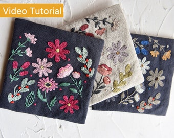 Kit de posavasos de té para principiantes con bordado a mano, posavasos con bordado de flores, kit de bordado botánico, kit de costura para posavasos de tela de algodón.