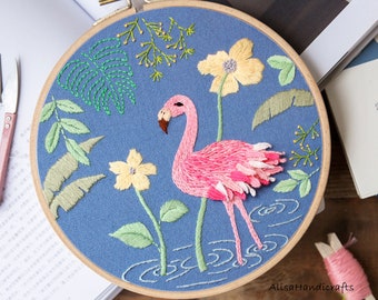 Kit de broderie bricolage pour débutant, broderie à la main, flamant rose, kit de travaux manuels pour adulte, projet de broderie bricolage, cadeau des fêtes - 20 cm