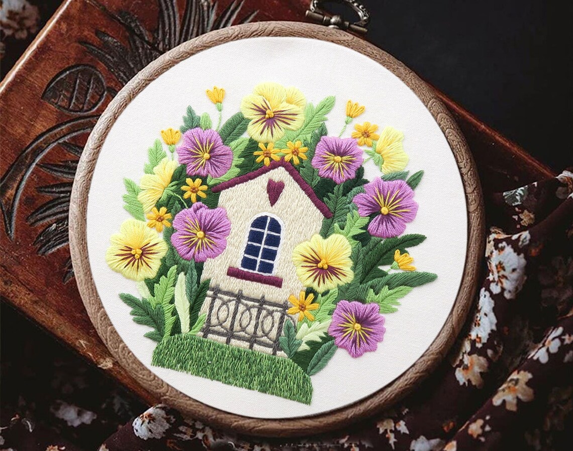 Flower Embroidery Kit for Beginners Yellow and Purple Pansy Etsy