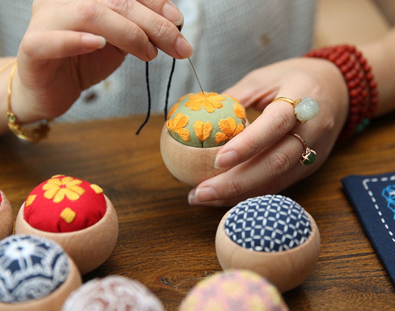 Embroidery Pin Cushion Kit,Japanese Sashiko Pincushion with Wooden Base,Hand Embroidery Kit for Beginners,Gift for Kniter,Sewer Crocheter image 4