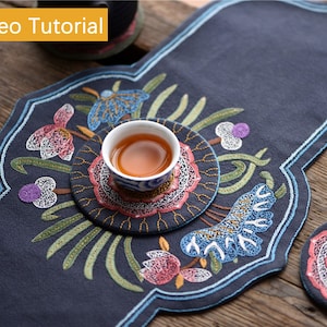 Home Decor Embroidery Kit for Beginners, Blue Tea Table Mat with Lotus, DIY Table Runner Emberoidery Kit, Table Decor