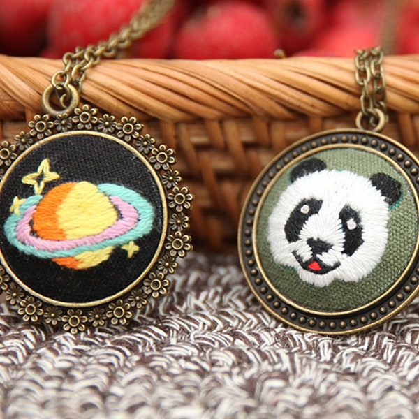 Handmade Embroidery Panda Necklace, Embroidered Pendanty, DIY Embroidered Jewelery, Embroidery Planet Pattern-Kit or Finished