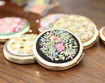 Modern Pocket Mirror Embroidery Kit for Beginners,DIY Flowers Needlework Craft Makeup Mirror Kit,Gift for Her/Women