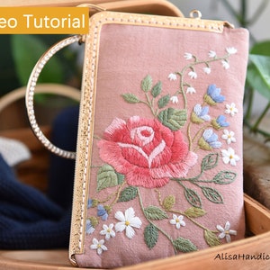 Kit de cartera o bolso de mano con bordado de rosas, monedero para mujer, kit de bordado de cartera con cierre de beso de flores, monedero de tela para hacer uno mismo, regalo para mamá