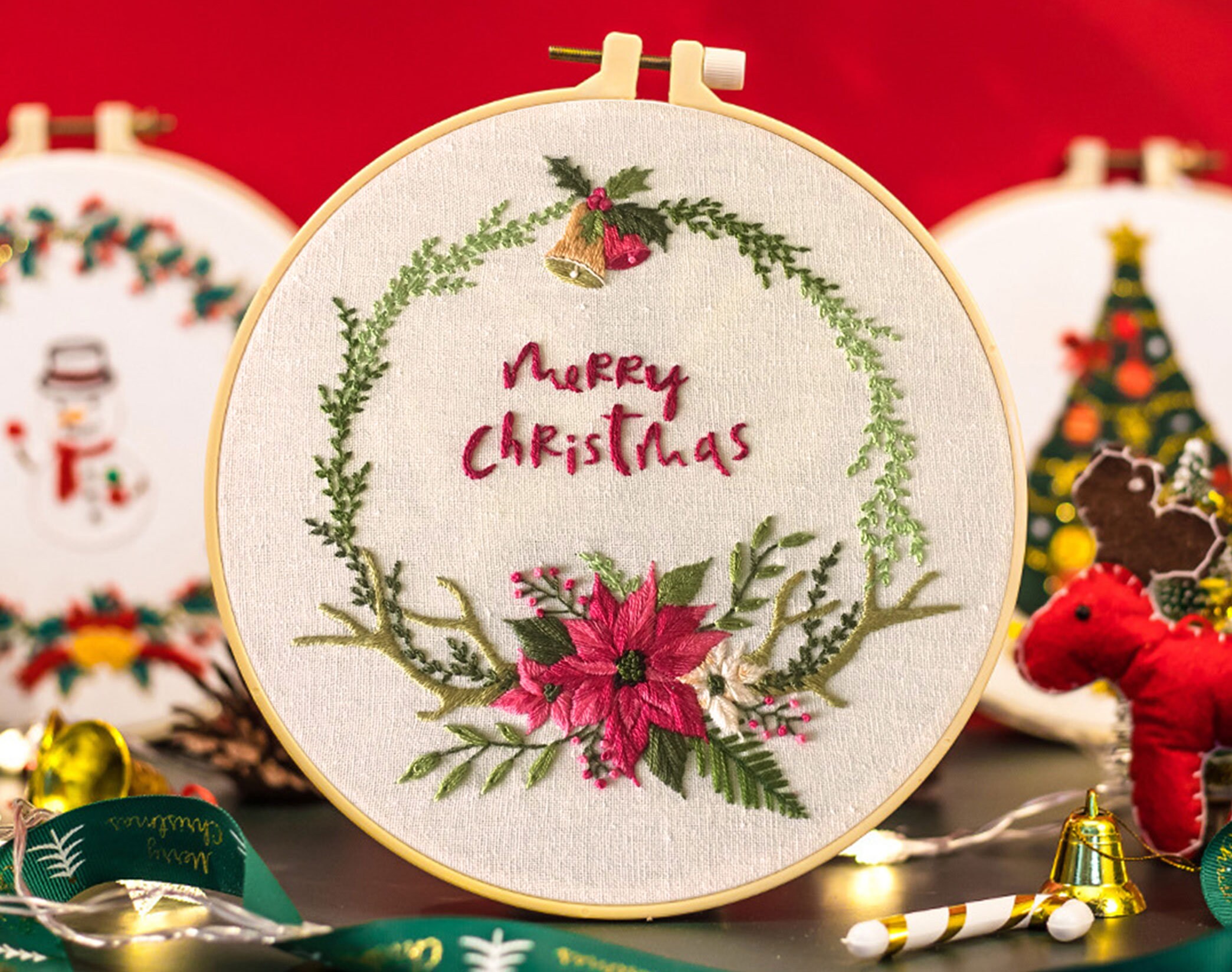 1set Christmas Embroidery Kit, Original Diy Handmade Embroidery Material  Pack Merry Christmas Santa Claus Gift Cross-stitch Kit 20cm Bamboo Q-snap  Included