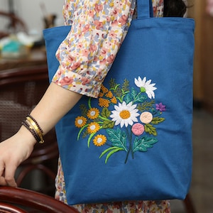 Kit de bolsa de bordado de flores faça você mesmo para iniciantes, kit de bolsa de bordado de lona, kit de bolsa de ombro de costura, kit de bordado fácil, presente para ela